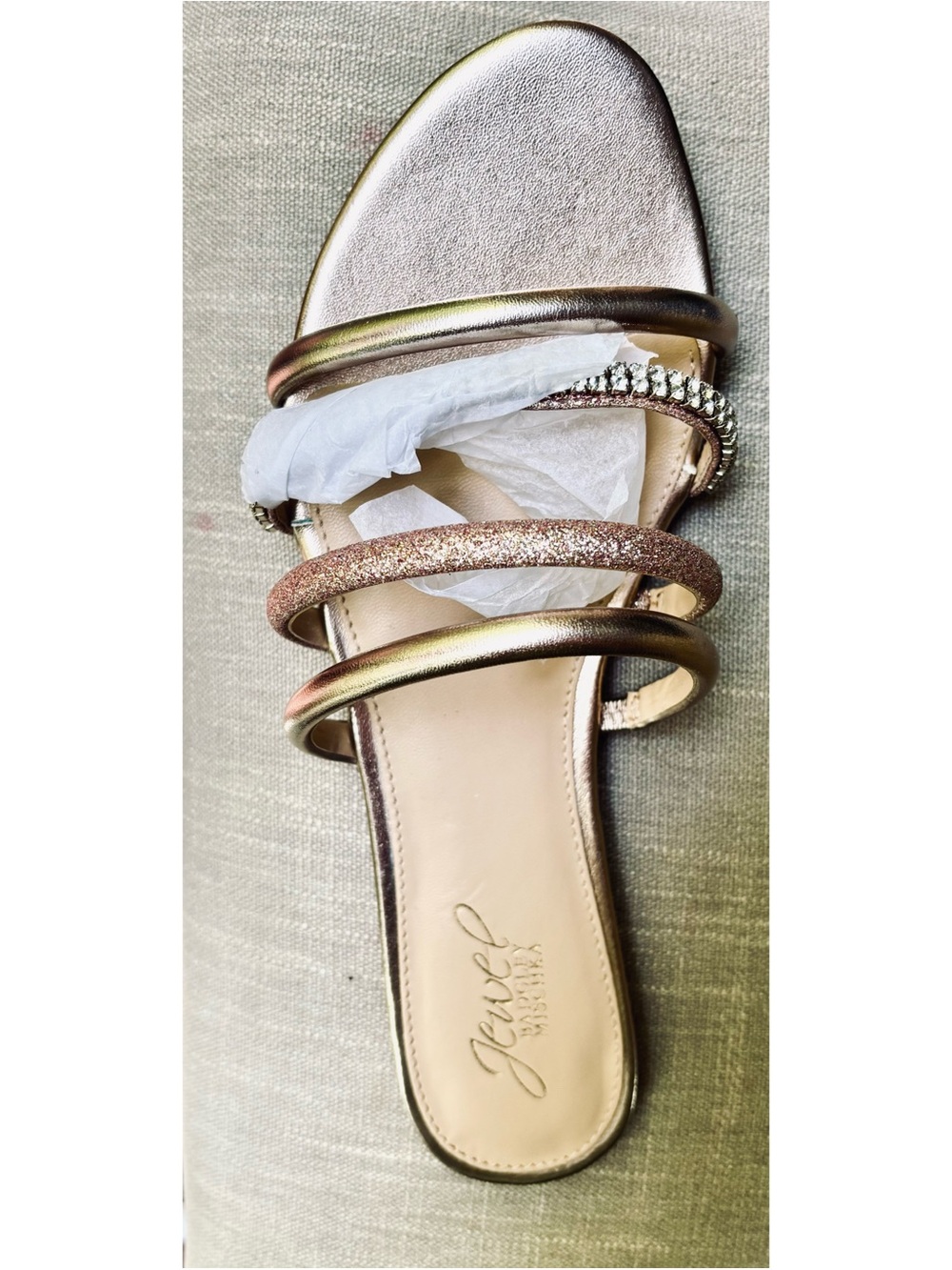 Jewel Badgley Mischka Shimmer Metallic Rose Gold Strappy Slide Sandals-7.5